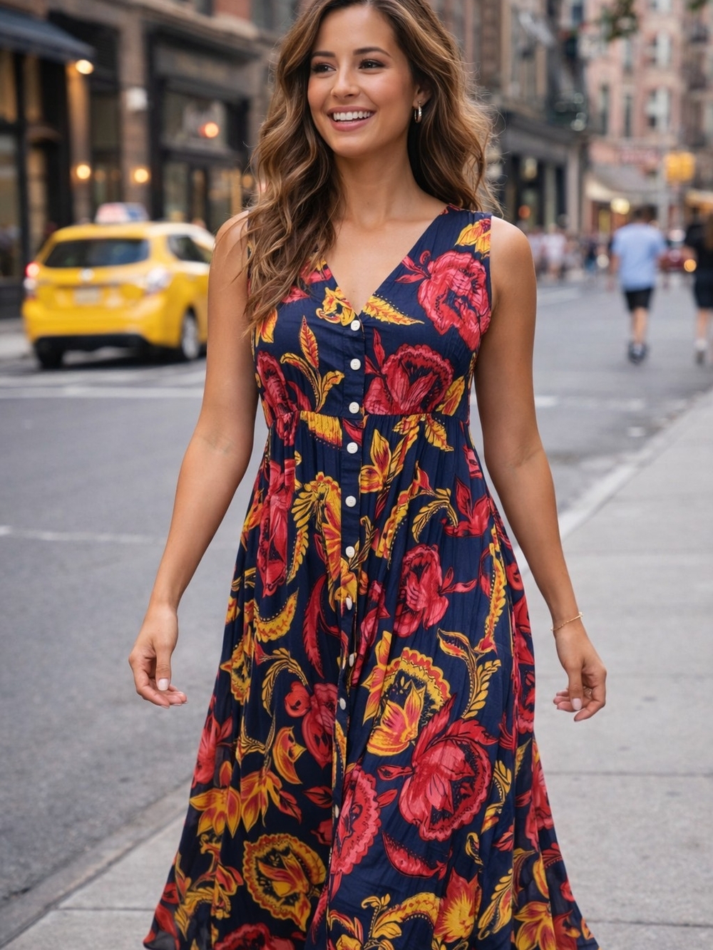 24/7 Navy Floral Button-Front Maxi Dress with Red & Yellow Accents